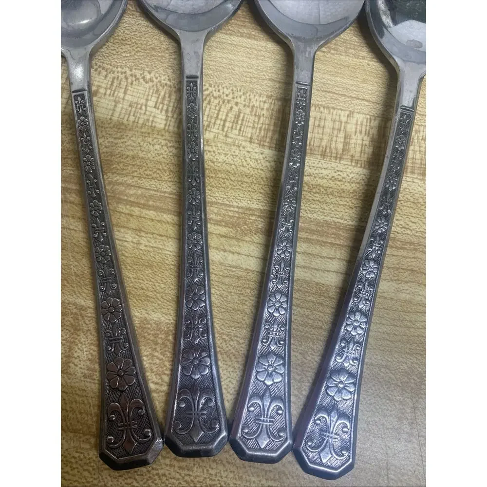 Set (4) Interpur FLORENZ Stainless 8 Petal Black Textured Flatware Korea Spoons